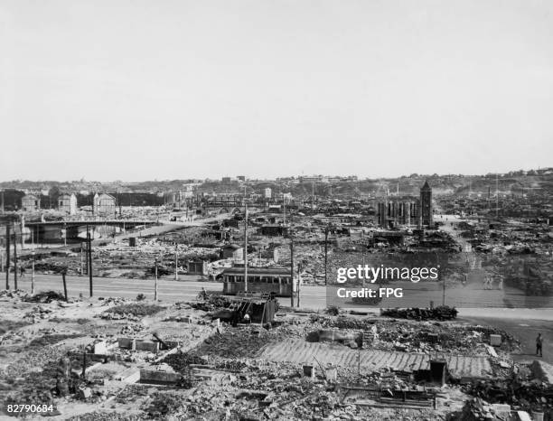 View of the Japanese city of Yokohama after the 'Great Yokohama Air Raid' of 29th May 1945. A third of the city was destroyed when US B.29...