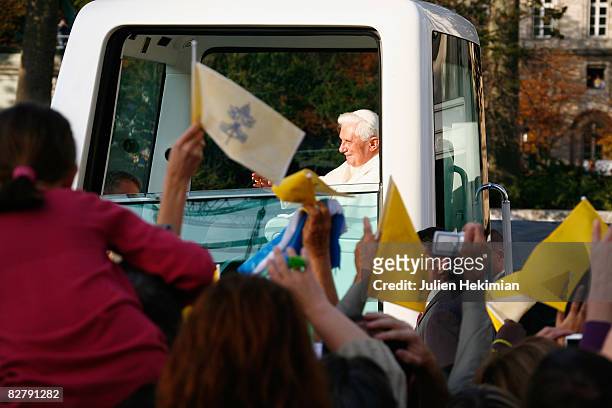 Pope Benedict XVI arrives at Notre Dame de Paris cathedral on September 12, 2008 in Paris, France.