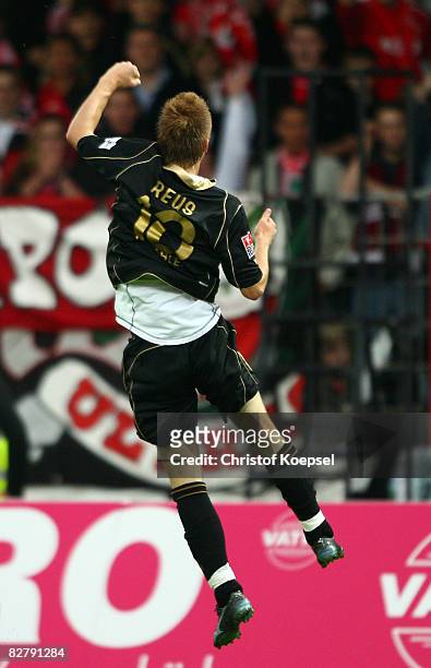 Marco Reus of Ahlen celebrates his first goal during the 2nd Bundesliga match between RW Oberhausen and RW Ahlen at the Niederrhein stadium on...