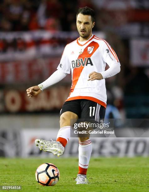 Ignacio Scocco of River Plate kicks the ball during a second leg match between River Plate and Guarani as part of round of 16 of Copa CONMEBOL...