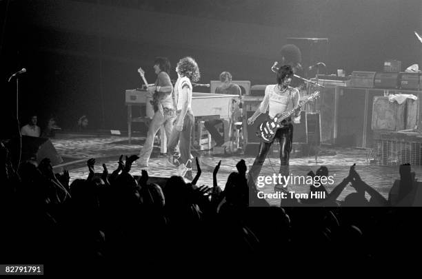 Guitarist Ron Wood, singer-frontman Mick Jagger, pianist Ian Stewart, guitarist Keith Richards and keyboardist Billy Preston perform with The Rolling...