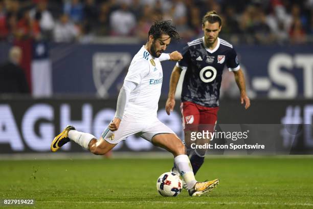 Real Madrid forward Isco clears the ball in the first half during a soccer match between the MLS All-Stars and Real Madrid on August 2 at Soldier...