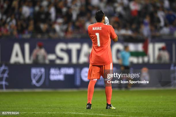 Real Madrid goalkeeper Keylor Navas yells at teammates in the first half during a soccer match between the MLS All-Stars and Real Madrid on August 2...