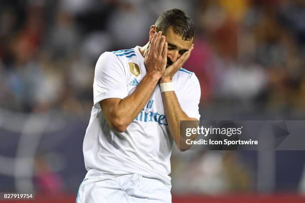 Real Madrid forward Karim Benzema reacts in the second half during a soccer match between the MLS All-Stars and Real Madrid on August 2 at Soldier...