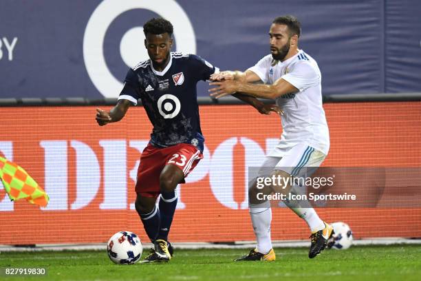 All-Star and FC Dallas Midfielder Kellyn Acosta and Real Madrid defender Dani Carvajal battle for the ball in the second half during a soccer match...