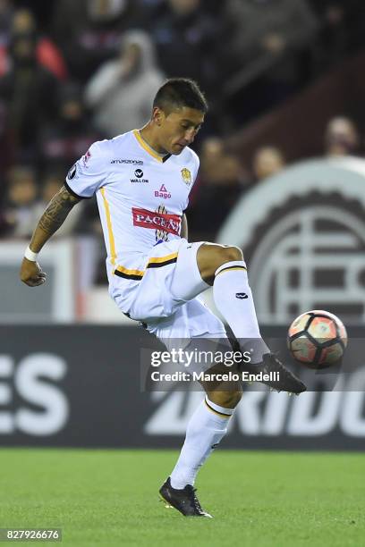 Luis Maldonado of The Strongest kicks the ball during the second leg match between Lanus and The Strongest as part of round of 16 of Copa CONMEBOL...