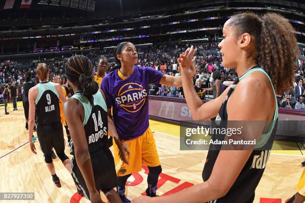 Candace Parker of the Los Angeles Sparks shakes hands with Nayo Raincock-Ekunwe of the New York Liberty after the game on August 4, 2017 at the...