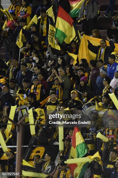 Fans of The Strongest cheer for their team prior the second leg match between Lanus and The Strongest as part of round of 16 of Copa CONMEBOL...