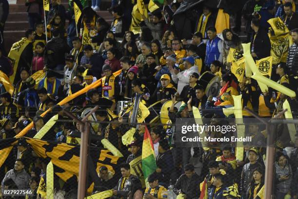 Fans of The Strongest cheer for their team prior the second leg match between Lanus and The Strongest as part of round of 16 of Copa CONMEBOL...