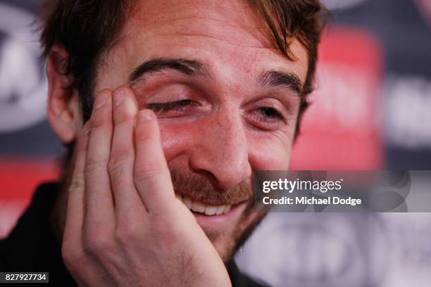 Jobe Watson reacts as he speaks to the media, announcing his retirement at the Essendon Football Club on August 9, 2017 in Melbourne, Australia.