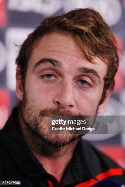 Jobe Watson reacts as he speaks to the media, announcing his retirement at the Essendon Football Club on August 9, 2017 in Melbourne, Australia.