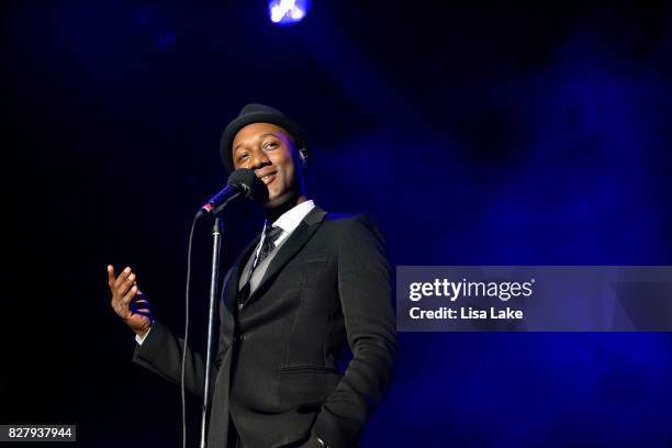 Aloe Blacc performs during Musikfest at PNC Plaza on the Sands Steel Stage on August 8, 2017 in Bethlehem, Pennsylvania.