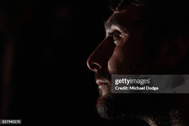 Jobe Watson speaks to the media, announcing his retirement at the Essendon Football Club on August 9, 2017 in Melbourne, Australia.