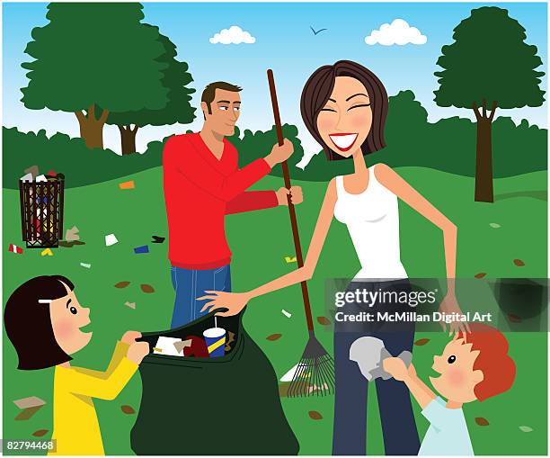 parents and children cleaning up litter in park - wegsehen stock-grafiken, -clipart, -cartoons und -symbole