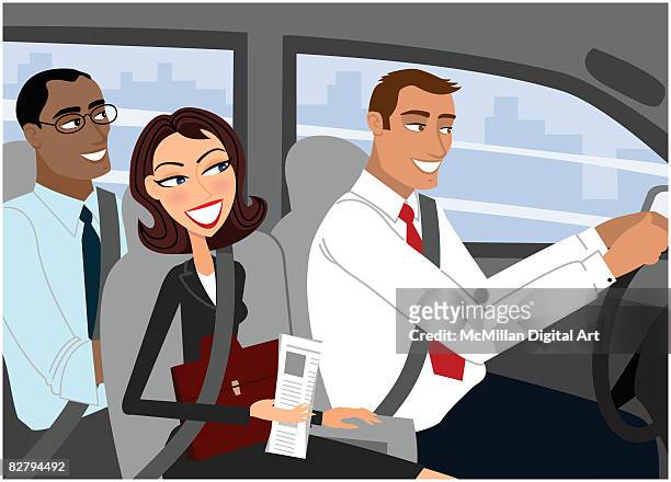 ilustraciones, imágenes clip art, dibujos animados e iconos de stock de three executives carpooling - mujer con grupo de hombres