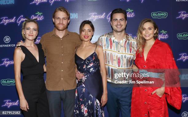 Actors Meredith Hagner, Wyatt Russell, Aubrey Plaza, writer/director Matt Spicer and actress Elizabeth Olsen attend The New York premiere of "Ingrid...