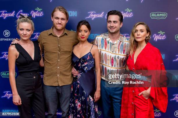 Meredith Hagner, Wyatt Russell, Aubrey Plaza, Matt Spicer and Elizabeth Olsen attend The New York premiere of "Ingrid Goes West" hosted by Neon at...