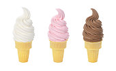 Three Flavors of Frozen Yogurt or Soft Serve Ice Cream Cones on White Background