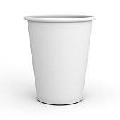 Blank white paper cup close up isolated on white background with shadow . 3D rendering