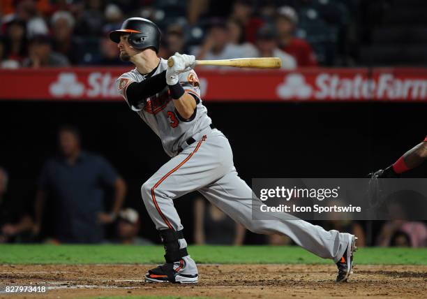 Baltimore Orioles catcher Caleb Joseph drives in a run in the fifth inning of a game against the Los Angeles Angels of Anaheim, on August 8 played at...