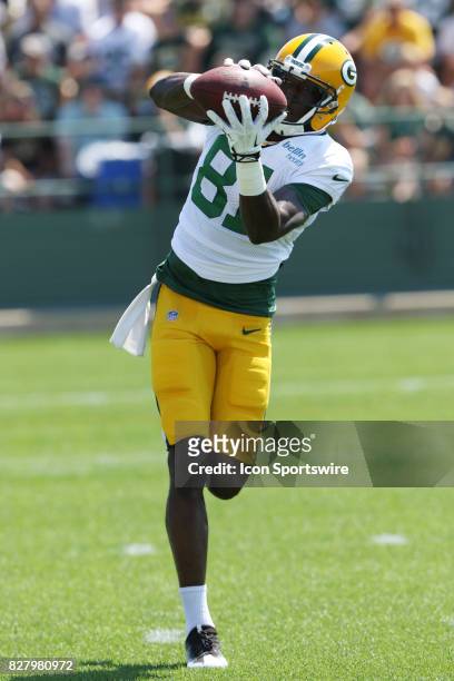Green Bay Packers wide receiver Geronimo Allison makes a catch during Packers camp at Ray Nitschke Field on August 8, 2017 in Green Bay, WI.