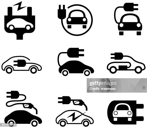 ilustraciones, imágenes clip art, dibujos animados e iconos de stock de iconos de coche eléctrico - hybrid car