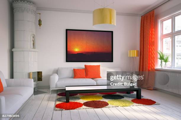 warm and cozy scandinavian living room - yellow carpet stock pictures, royalty-free photos & images