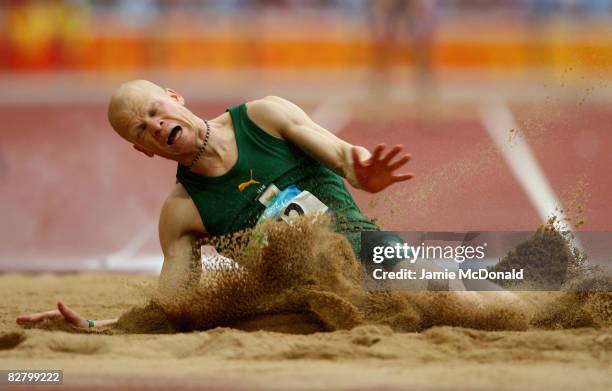 Hilton Langenhoven of South Africa jumps to Gold in the Men's Long Jump in the Athletics event at the National Stadium during day severn of the 2008...