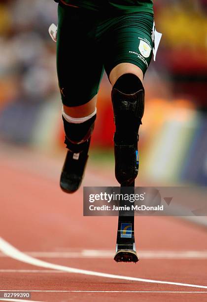 Oscar Pistorius of South Africa's blades as he competes in the Men's 200m -T44 in the Athletics event at the National Stadium during day severn of...