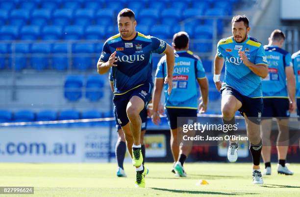 Jarryd Hayne trains during a Gold Coast Titans NRL media opportunity at Cbus Super Stadium on August 9, 2017 in Gold Coast, Australia.