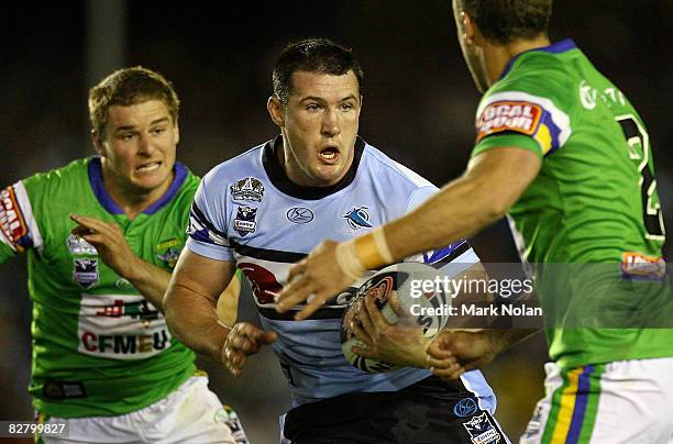 Paul Gallen of the Sharks in action during the second NRL qualifying final match between the Cronulla Sharks and the Canberra Raiders at Toyota...