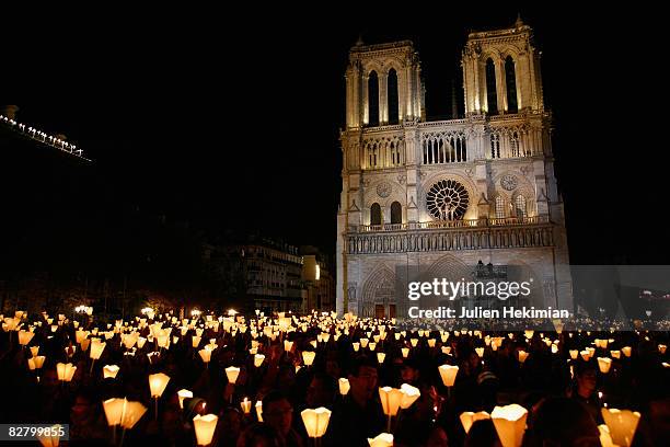 Atmosphere following the prayer vigil at the cathedral Notre Dame organized in honor of the Pope Benedict XVI visit to France on September 12, 2008...