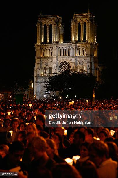 Atmosphere following the prayer vigil at the cathedral Notre Dame organized in honor of the Pope Benedict XVI visit to France on September 12, 2008...