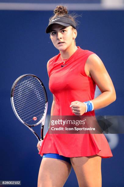 Bianca Andreescu of Canada celebrates after winning a point during her first round match of the 2017 Rogers Cup tennis tournament on August 8 at...