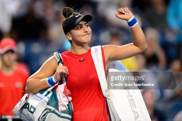 Bianca Andreescu of Canada acknowledges the crowd after her first round match at the 2017 Rogers Cup tennis tournament on August 8 at Aviva Centre in...