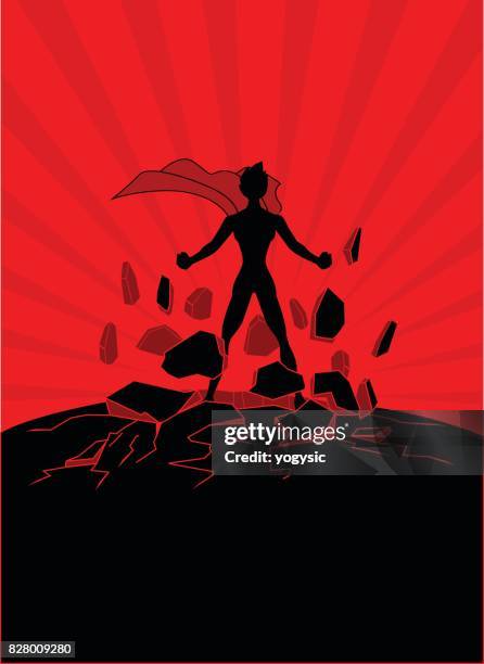 illustrazioni stock, clip art, cartoni animati e icone di tendenza di supereroe femmina che esplode energia danneggiando la silhouette del suolo - viaggio distruzione