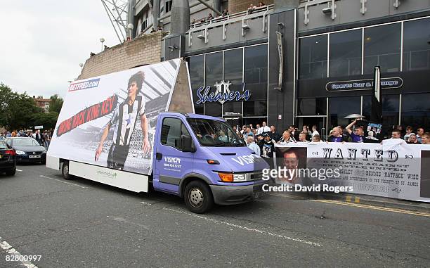 Mobile advertising van parades a pro Kevin Keegan slogan around the streets outside the stadium prior to the Barclays Premier League match between...