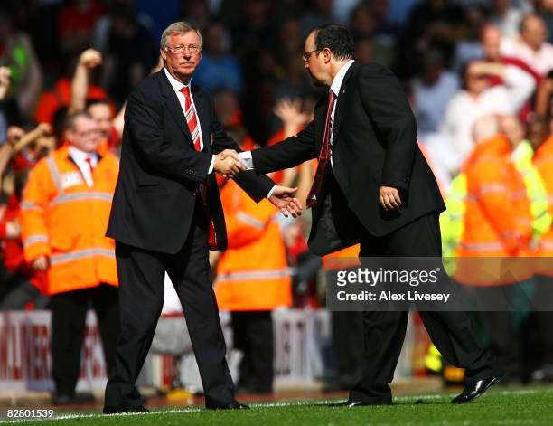 Liverpool Manager Rafael Benitez and Manchester United Manager Sir Alex Ferguson shake hands after the Barclays Premier League match between...