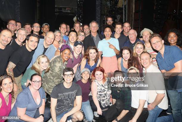 Bill Murray poses with the cast and crew backstage at the hit musical based on the 1993 Bill Murray film "Groundhog Day" on Broadway at The August...