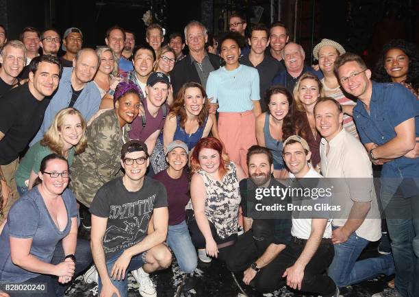 Bill Murray poses with the cast and crew backstage at the hit musical based on the 1993 Bill Murray film "Groundhog Day" on Broadway at The August...