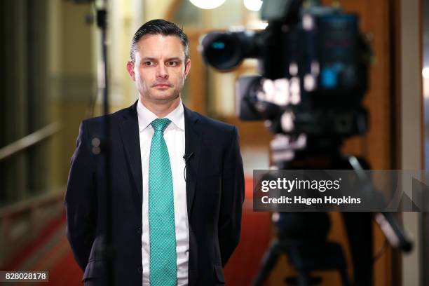 Green co-leader James Shaw prepares for a television interview following the resignation of co-leader Metiria Turei at Parliament on August 9, 2017...
