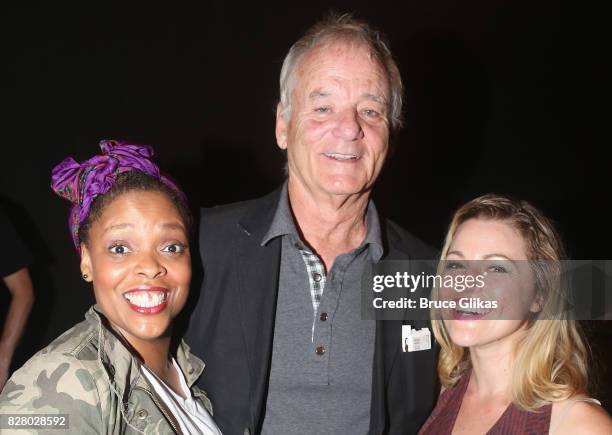 Rheaume Crenshaw, Bill Murray and Rebecca Faulkenberry pose backstage at the hit musical based on the 1993 Bill Murray film "Groundhog Day" on...