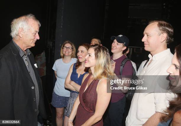 Bill Murray chats with the cast backstage at the hit musical based on the 1993 Bill Murray film "Groundhog Day" on Broadway at The August Wilson...