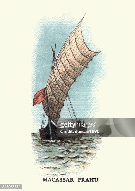 macassar proa boat, 19th century - makassar stock illustrations