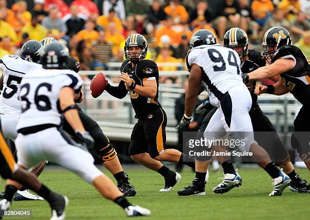 Quarterback Chase Daniel of the Missouri Tigers passes during the first half of the game against the Nevada Wolf Pack on September 13, 2008 at...