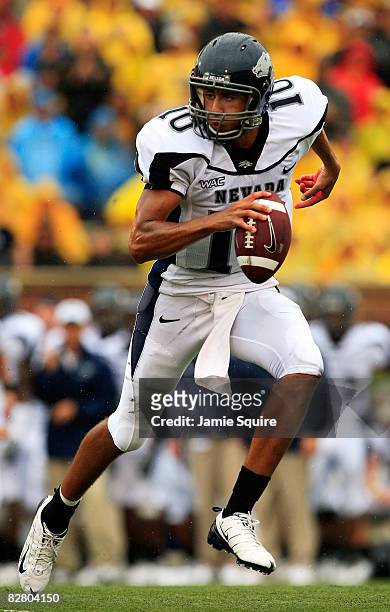 Quarterback Colin Kaepernick of the Nevada Wolf Pack rolls out during the first half of the game against the Missouri Tigers on September 13, 2008 at...