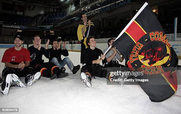 The team of SC Bern celebrating after winning the Champions Hockey League Qualification Match between SC Bern and HC Kosice on September 13, 2008 in...