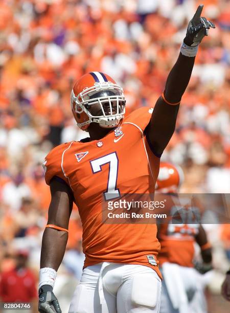 Ricky Sapp of the Clemson Tigers works to get the crowd fired up against the North Carolina State Wolfpack at Memorial Stadium on September 13, 2008...