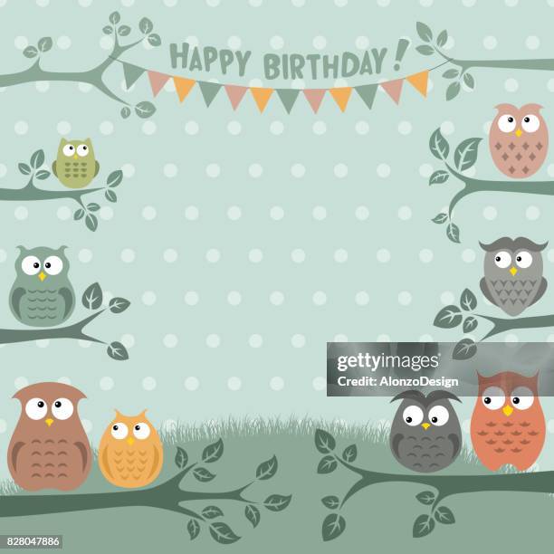 stockillustraties, clipart, cartoons en iconen met uilen birthday party uitnodiging - kind dier