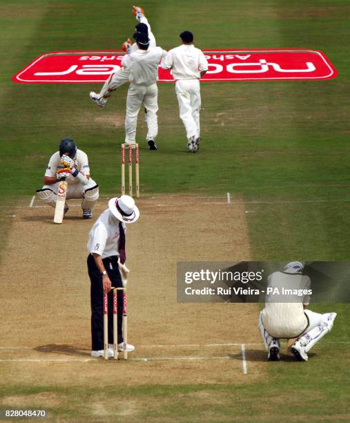 Australia batsmen Michael Kasprowicz and Brett Lee crouch in dejection after England's Steve Harmison takes the last wicket of Kasprowicz caught...